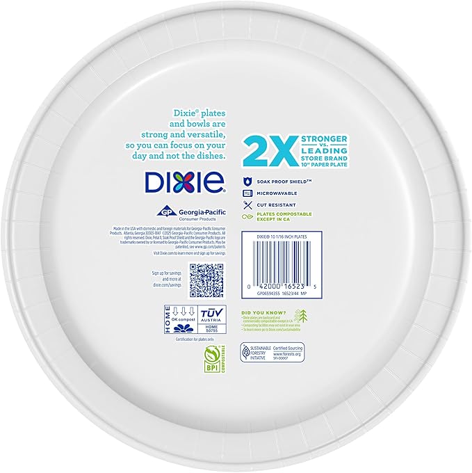 Dixie Large Paper Plates, 10 Inch, 204 Count, 2X Stronger*, Microwave-Safe, Soak-Proof, Cut Resistant, Disposable Plates For Everyday Breakfast, Lunch, & Dinner Meals