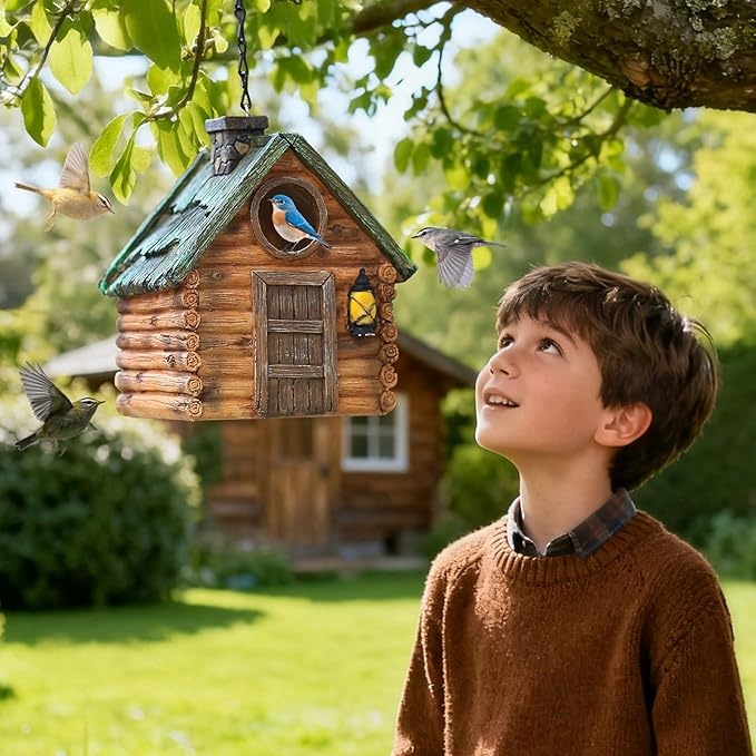 Real Wood-Look Resin Bird House – Waterproof & Durable Forest Bird Houses for Garden, Patio, Yard