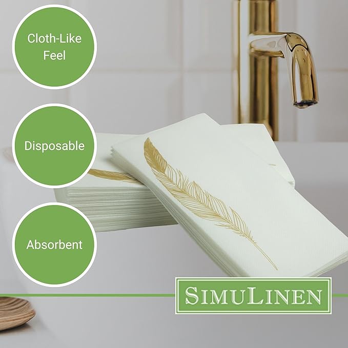 SimuLinen Decorative Gold Feather Design Paper Towels - Hand Towels for Bathroom - Cloth-Like, Linen-Feel for Guest Bathroom Essentials, Size: 12x17” (Pack of 500) Made in Germany