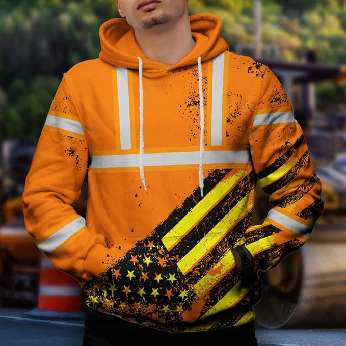 Color US Flag High Visibility Hoodie for Men Women Reflective Tapes Safety Workwear for Worker Runner Patriotic