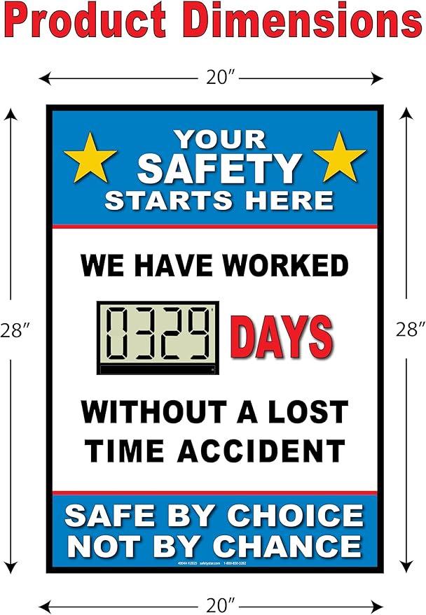 Full Size Digital Safety Scoreboard. Battery operated. 20" X 28". Your Safety Starts Here Without a Lost Time Accident Safe by Choice Not by Chance