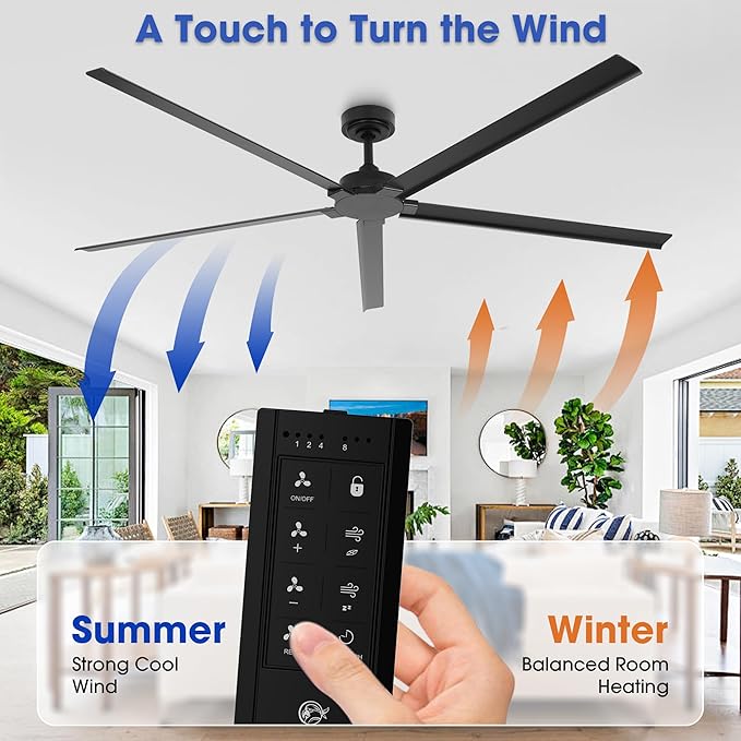 Industrial Ceiling Fans without Lights, 72 Inch Waterproof Outdoor Ceiling Fans with Remote for Patios Bedroom, Black Ceiling Fan No Light for Living Room Shop Garage, Reversible 5 Aluminum Blades