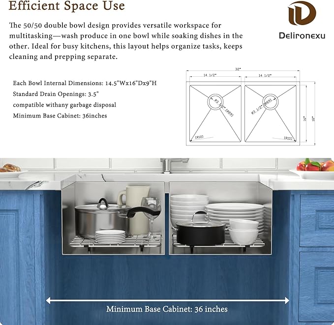 32 Inch Double Bowl Kitchen Sinks Undermount – Delironexu 16 Gauge Stainless Steel Kitchen Sink Double Bowl, 32x18 Undermount kitchen Sink with Brushed Finish, 50/50 Double sink