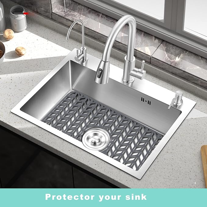 AWOKE Sink Protectors for Kitchen Sink | 16.2"x 12.5" Kitchen Sink Mats for Bottom of Kitchen Sink | Sink Inserts for Kitchen Sink of Stainless Steel Sink | Center Drain (Grey)