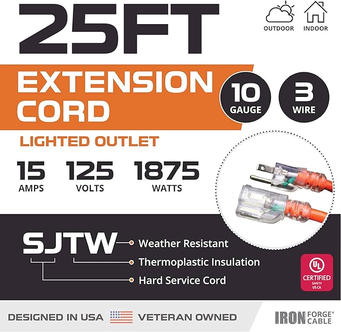 Iron Forge Cable Lighted Outdoor Extension Cord 25 Ft - 10 Gauge Heavy Duty Extension Cord, 15 AMP, 10/3 Orange Power Cable SJTW Weatherproof 3 Prong