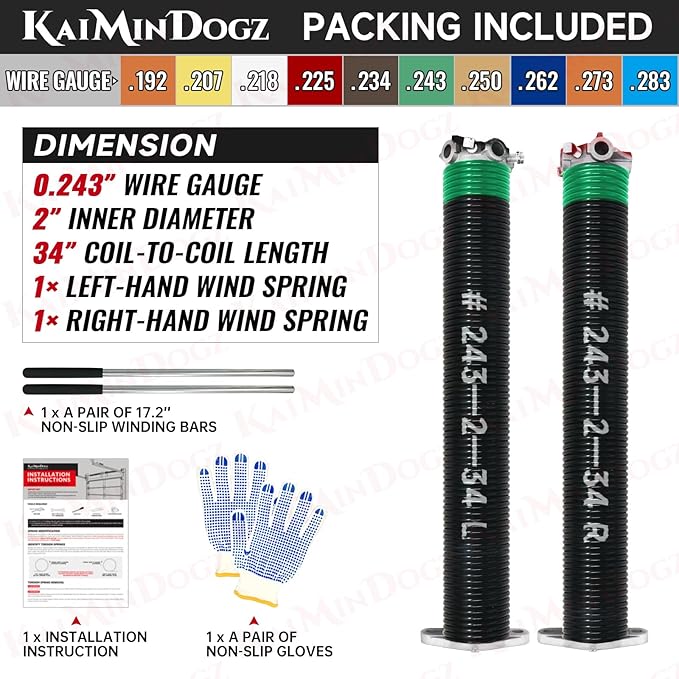 Pair of 2" Garage Door Torsion Springs Set with Non-Slip Winding Bar & Gloves,High Precision Electrophoresis Black Coated, for Replacement & Installation, MIN 16,000 Cycles (0.243x2''x34'')