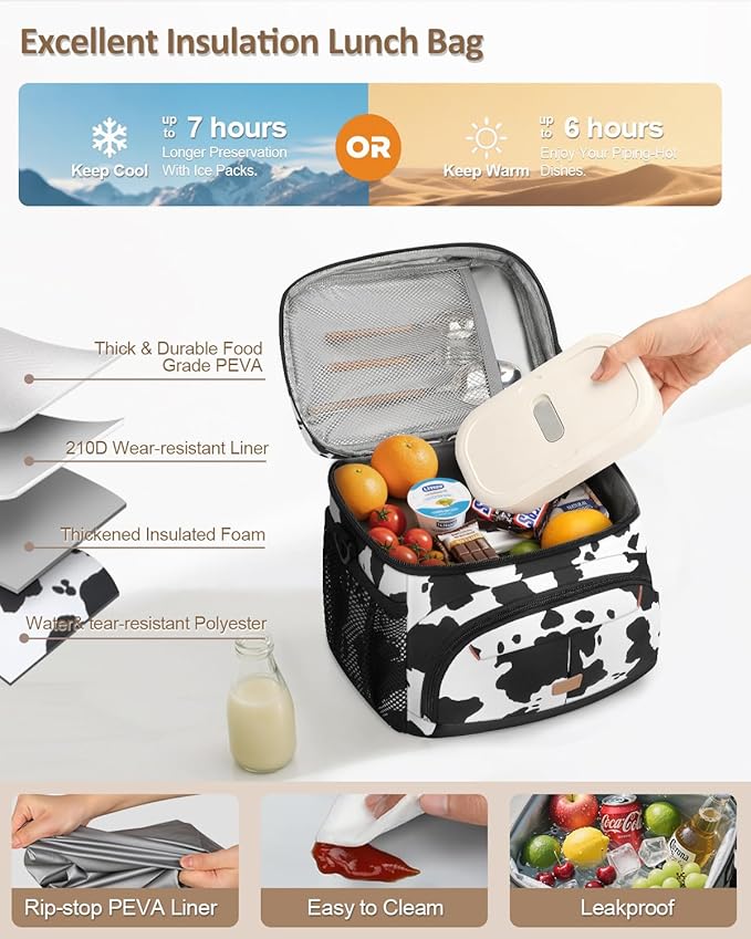 Lunch Box for Man Women, Insulated Lunch Bag Cooler Bag Leakproof Lunchbox Lunch Tote Bags with Removable Strap for Work School Picnic Travel (Cowprint/12L