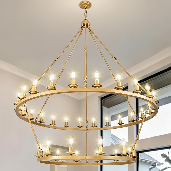 Wagon Wheel Chandelier, 2-Tier 36-Light Gold Extra Large Modern Rustic Farmhouse Chandelier Adjustable Height Light for High Ceiling Living Room, Entryways, Foyer, Dining Room