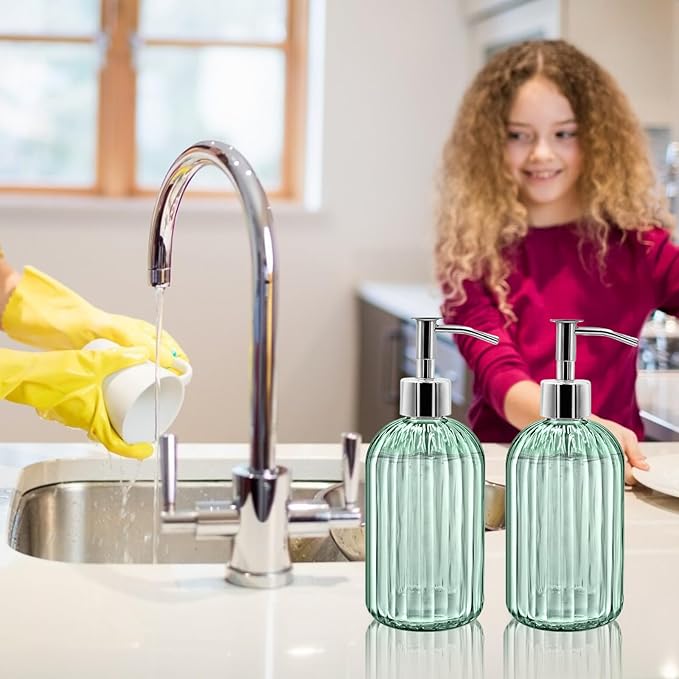 2 Pack Glass Soap Dispenser Bottle with Pump, 14 Oz Refillable Liquid Hand Jar Dispenser for Bathroom, Countertop, Kitchen, Laundry Room (Light Green)