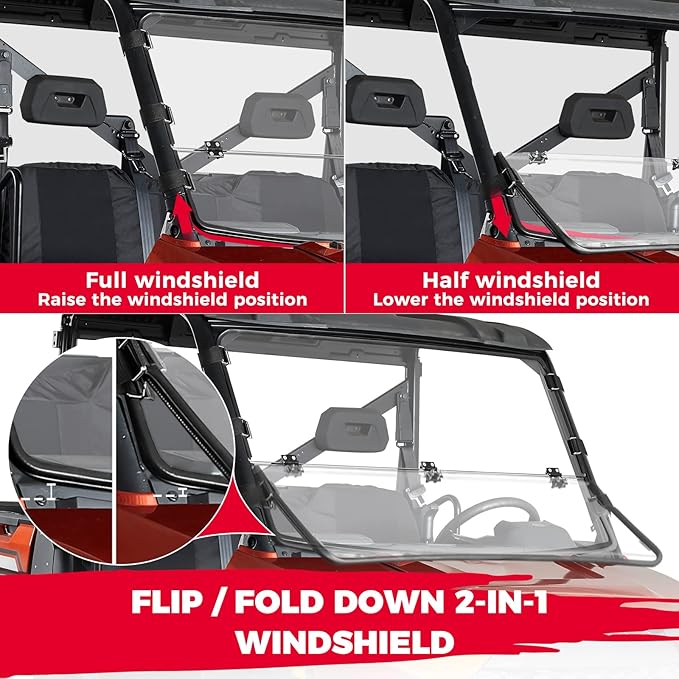 KEMIMOTO Flip Windshield Compatible with Ranger 1000, 2-IN-1 Fold Down Windshield Compatible with Polaris Ranger XP 1000/ 1000 2017-2026
