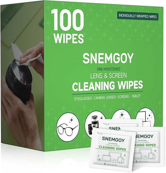 100 Count Lens Cleaning Wipes, Pre-Moistened & Individually Wrapped Glasses Wipes, Eye Glasses Cleaner for Eyeglasses, Camera Lens, Phone, Tablets & Computer Screen and Other Delicate Surfaces