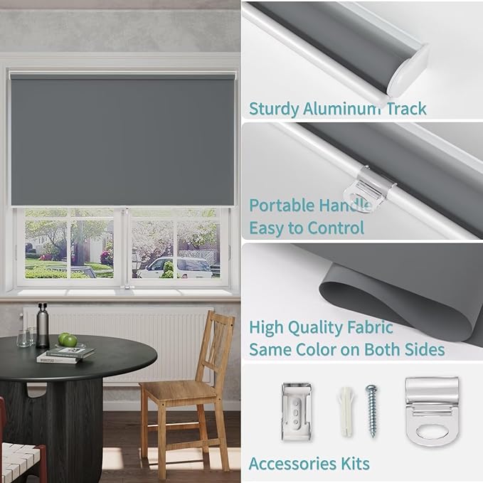 MYshade Blackout Cordless Roller Shades, Room Darkening Free-Stop Roll Up Blinds for Windows, Pull Down Blocking Blind for Home and Office, Easy to Install, 36" X 72", Grey