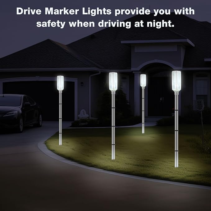 Macarrie 4 Pcs Solar Powered Driveway Markers Reflective Lights Driveway Reflectors on Poles for Snow Road Outdoor Yard Entrance (White)
