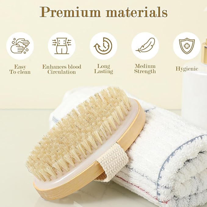 4pcs Dry Brushing Body Brush, Natural Bristle Dry Skin Exfoliating Brush Body Scrub for Flawless Skin, Cellulite Treatment, Lymphatic Drainage and Blood Circulation Improvement (Pack of 2)