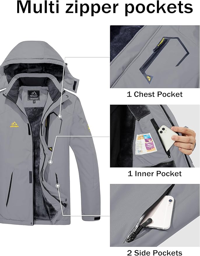 MAGCOMSEN Men's Winter Coats Water Resistant Ski Snow Jacket Warm Fleece Jacket Parka Raincoats With Hood Multi-Pockets