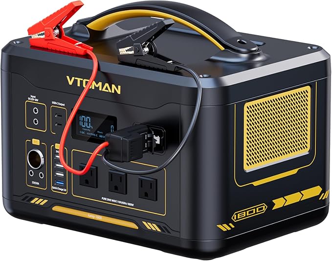 VTOMAN Jump 1800 Portable Power Station with Jumper Cables, 1548Wh LiFePO4 Battery Solar Generator with Jump Start for Car, 1800W 3xAC Outlets, 2xPD 100W Type-C, Large Capacity for Camping RV Backup