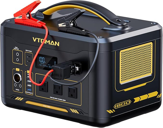 VTOMAN Jump 1800 Portable Power Station with Jumper Cables, 1548Wh LiFePO4 Battery Solar Generator with Jump Start for Car, 1800W 3xAC Outlets, 2xPD 100W Type-C, Large Capacity for Camping RV Backup