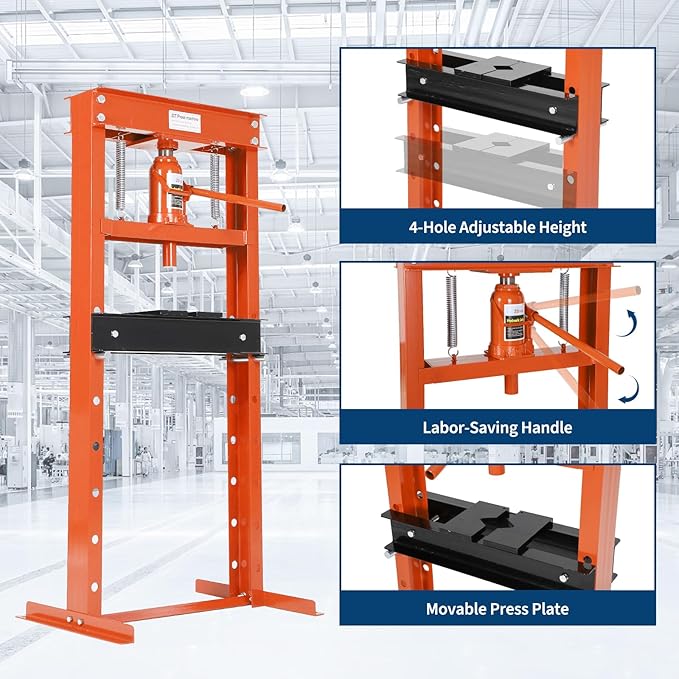 Hydraulic Press 20 Ton Hydraulic Shop Press H-Frame Garage Floor Adjustable Shop Press with 2 Plates Adjustable Working Table Height, Orange
