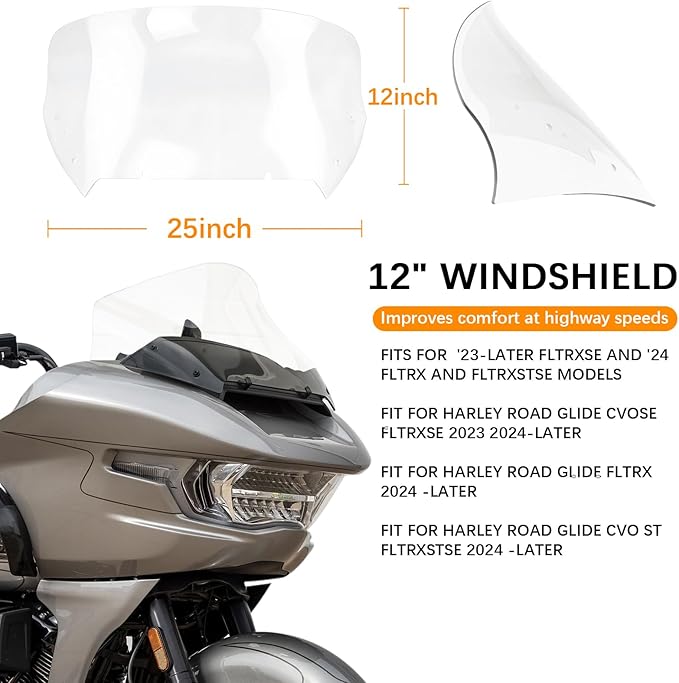 Clear 12" Wave Windshield Windscreen Compatible for Harley Road Glide CVO/SE FLTRXSE 2023 2024 FLTRX 2024 CVO ST FLTRXSTSE 2024
