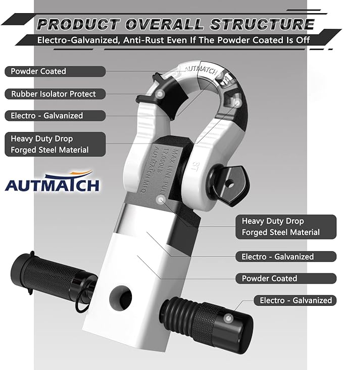 AUTMATCH Shackle Hitch Receiver 2" with 3/4" Mega D Ring Shackle and 5/8" Trailer Hitch Lock Pin, 68,000 Lbs Break Strength Heavy Duty Receiver Towing Kit for Off-Road Vehicle Recovery, White