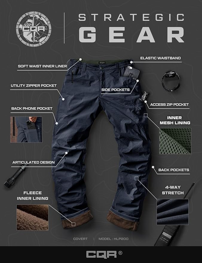 CQR Men's Winter Fleece Lined Pants, Water-Resistant Outdoor Stretch Work Pants, Windproof Casual Pants with Pockets
