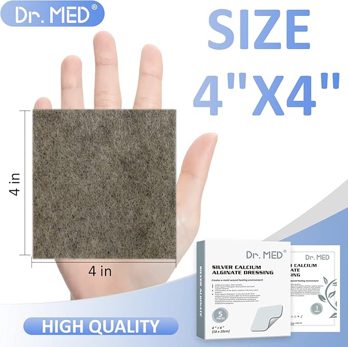 Dr. Med Ag Silver Calcium Alginate Wound Dressing 4''x4'', 5 Individual Pack Patches High Absorbency Ag Alginate Wound Bandage, Non-Adhesive, Painless Removal Gauze for Bedsore, Ulcers(5 PCS/Box)