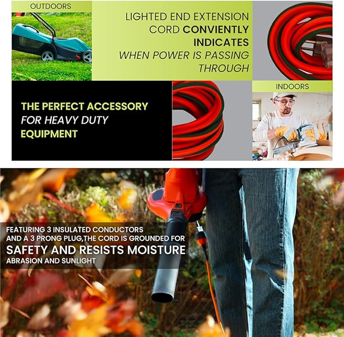 Go Green Power Inc. 16/3 25ft Outdoor Extension Cord with Lighted End - Contractor Grade, Durable, and Moisture Resistant - Ideal for Heavy Duty Tools - GG-13725 (Pack of 12)