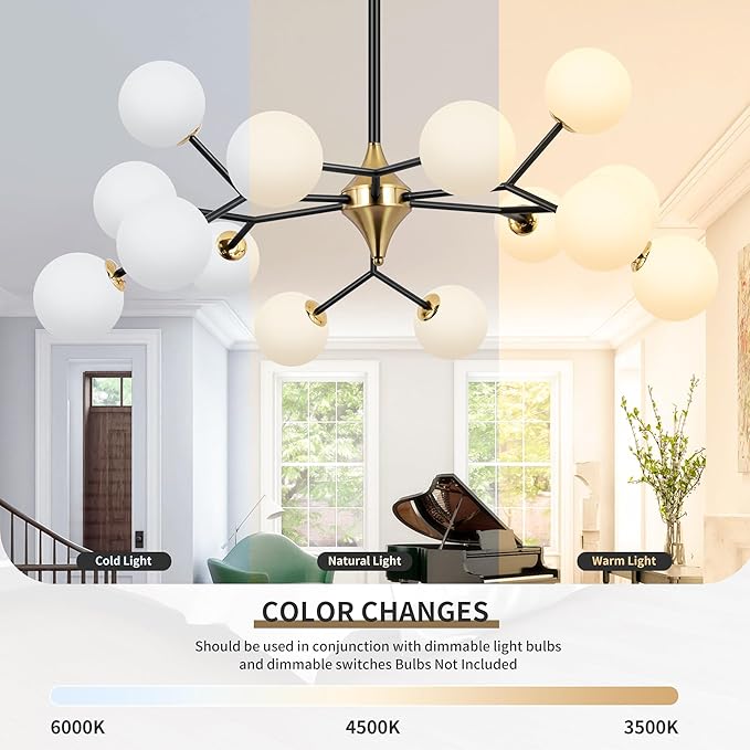 COCOSTAR Black and Gold Dining Room Chandelier, 15 Lights Modern Sputnik Chandelier for Kitchen Island Living Room Bedroom, Ceiling Light Fixture Over Table, G9 Base