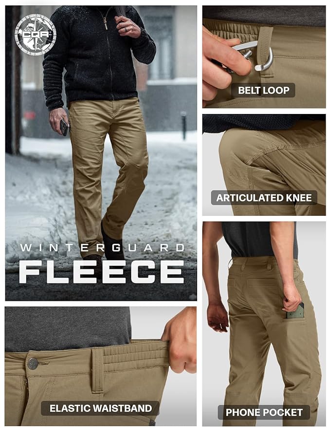 CQR Men's Winter Fleece Lined Pants, Water-Resistant Outdoor Stretch Work Pants, Windproof Casual Pants with Pockets