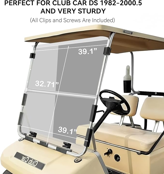 Club Car DS OLD Flip Flop Compact Golf Cart Windshield, Clear Color, 3/16" Thickness, Fits Club Car DS 1982-2000.5