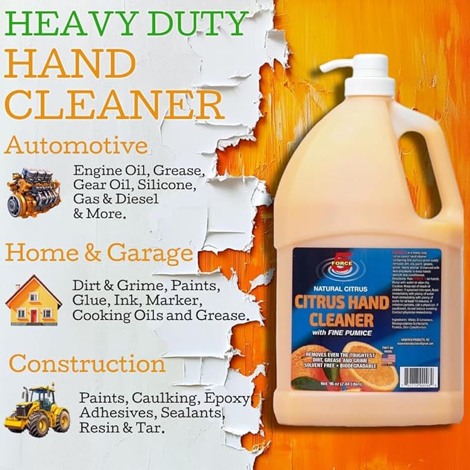 Force 5 - Citrus Hand Cleaner for Mechanics – Heavy-Duty Mechanic Soap with Natural Pumice. Quickly Remove Removes Dirt, Grease and Grime – Natural Citrus Scent. (96oz).