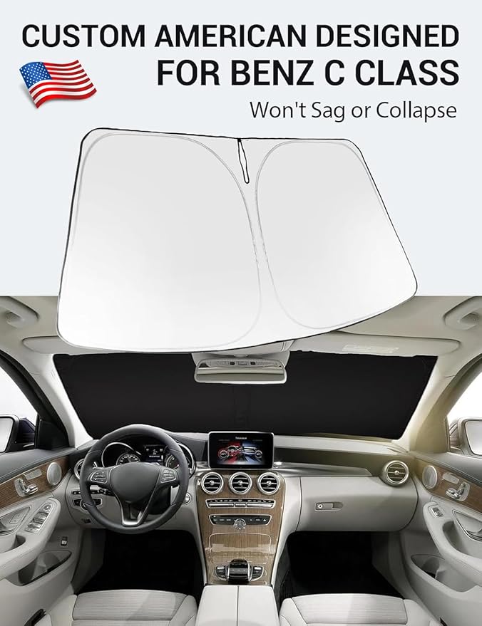 Proadsy 2025 Upgrade Windshield Sun Shade Custom Fit 2008-2014 Benz C Class Foldable Front Sunshade Protector Sun Visor Blocks UV Rays Keep Car Cooler