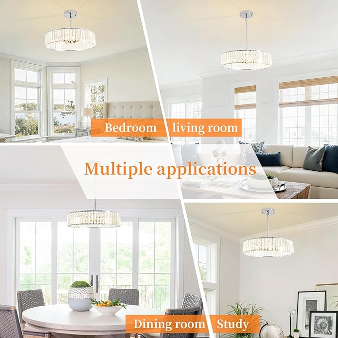Modern Chrome Crystal Chandelier,20in Dinning Room Light Fixture,Round Kitchen Hanging Drum Pendant Lights,Semi Flush Mount Ceiling for Living Room Entryway Bedroom Foyer, 5-Light