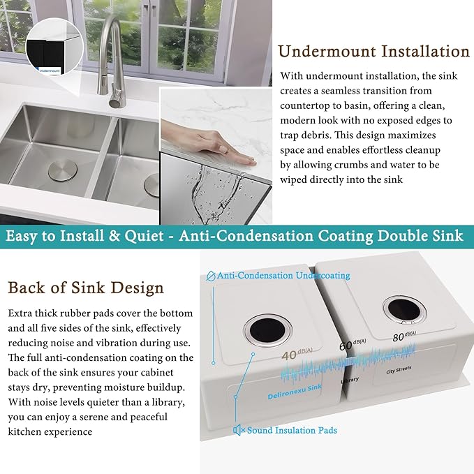 32 Inch Double Bowl Kitchen Sinks Undermount – Delironexu 16 Gauge Stainless Steel Kitchen Sink Double Bowl, 32x18 Undermount kitchen Sink with Brushed Finish, 50/50 Double sink