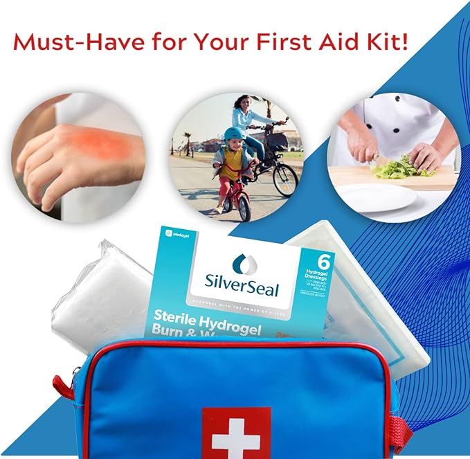 SilverSeal Burn and Wound Dressing, Hydrogel Pads with X-Static Silver, Soothing, Moist & Protective for Burns, Cuts & Wounds, 2" x 3" Sterile Dressings, 6 Count