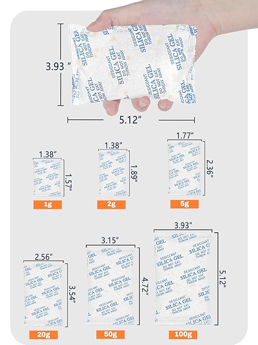 2 Gram (100 Pack) Color-Indicating Silica Gel Packets, Premium Food Grade Desiccant - Rechargeable Moisture Absorbers for Food Storage, Electronics, 3D Filament & Safes