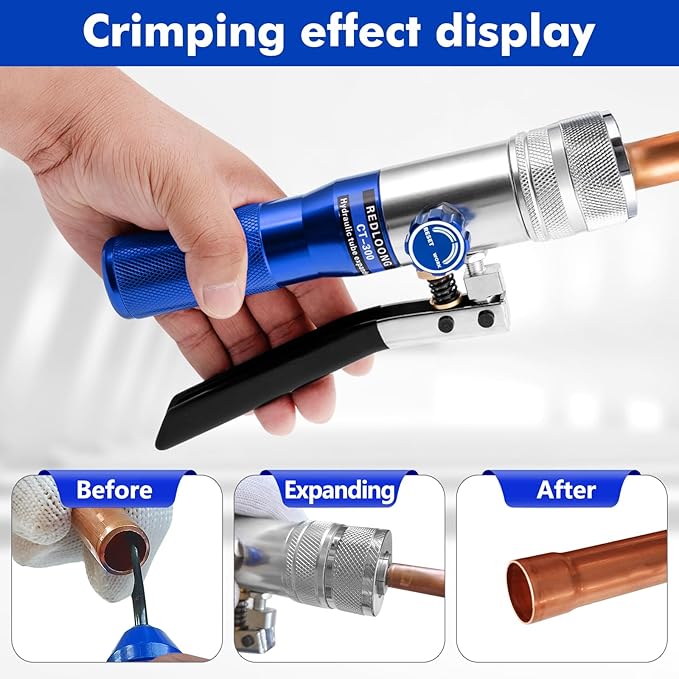 HVAC Swaging Tool Kit – Hydraulic Tube Expander for Copper Pipes, Compact Swage Tool with Tube Cutter, Deburring Tool & 7 Expander Heads (3/8”–1-1/8”) – Blue