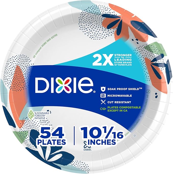 Dixie Large Paper Plates, 10 Inch, 54 Count, 2X Stronger, Microwave-Safe, Soak-Proof, Cut Resistant, Disposable Plates For Everyday Breakfast, Lunch, & Dinner Meals