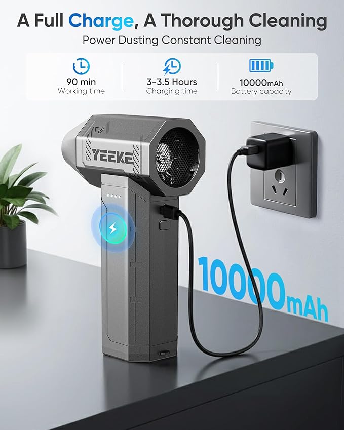 Compressed Air Duster, 300000 RPM & 400 G Wind Pressure, 10000 mAh Battery with Fast Charging, 4-Gear Electric Air Duster Rechargeable, Computer Air Duster PC Cleaner with LED Light for Cleaning
