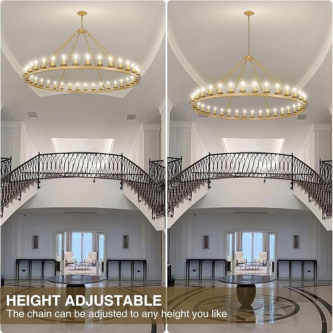 Wagon Wheel Chandeliers, 36-Light Gold Extra Large Modern Rustic Farmhouse Chandelier Adjustable Height Light for High Ceiling Living Room, Entryways, Foyer, Dining Room, Kitchen