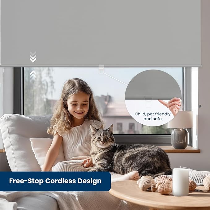 100% Blackout Roller Shades Cordless Blinds for Indoor Windows,Free-Stop Window Shades Pull Down,Thermal Insulated Fabric UV Protection,Blackout Window Guard Blinds for Home,Office,Grey,58" W x 72" H