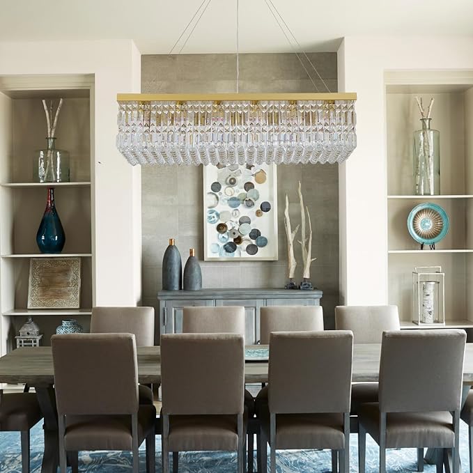 Gold Rectangular Crystal Chandelier 18-Light, Premium K9 Raindrop Chandelier with Adjustable Suspension Chain, Dimmable Hanging Light for Spacious Living Room, Grand Dining Room, 40" L x 10" W