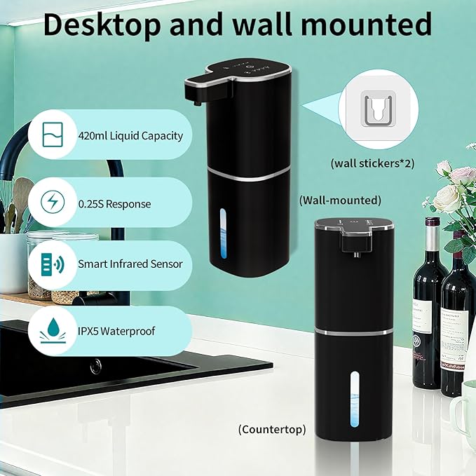 Automatic Soap Dispenser Touchless, Wall Mounted Smart Soap Dispenser, USB Rechargeable, 4 Adjustable Levels, 14.2oz / 420ml Large Capacity, for Bathroom, Kitchen, School (Black, Foaming)