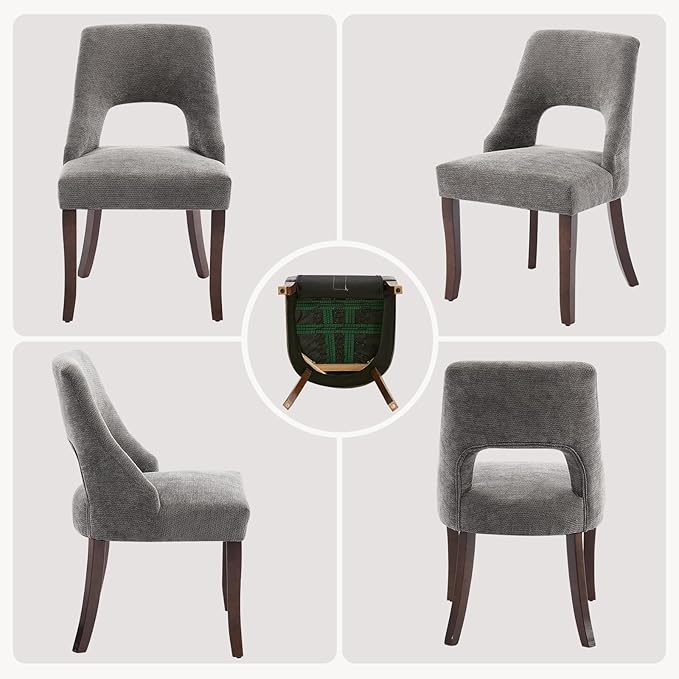UVV Wooden Dining Chairs Set of 2, Mid Century Modern Upholstered Dining Room Chair Kitchen Chairs, Chenille Dinner Chair with Solid Wood Legs for Kitchen Dining Room, Dark Grey-Chenille