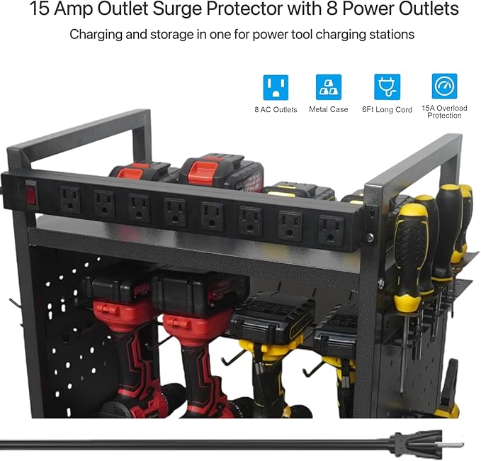 Power Tool Organizer Cart with Charging Station, 4-Tier Rolling Tool Cart for Garage Storage,Heavy-Duty Floor-Standing Storage Rack with 8-Outlet Power Strip,Supports 500 lbs