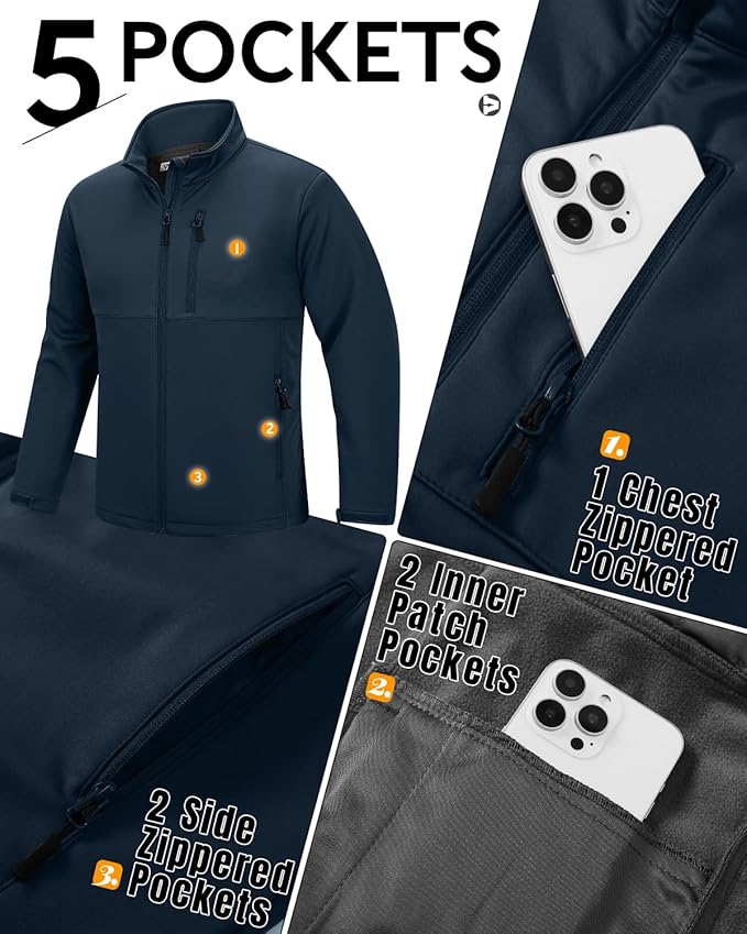 Outdoor Ventures Men's Softshell Jacket Waterproof Fleece Lined Rain Shell Jacket Lightweight Windbreaker for Hiking Travel