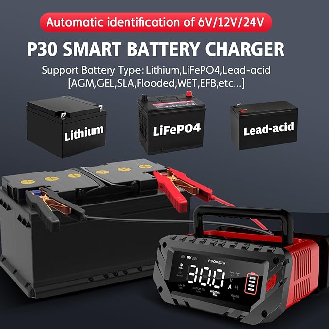 30 AMP Car Battery Charger, 6V/12V/24V Lead-Acid, Lithium, LiFePo4 Smart Battery Charger, Large Screen Trickle Charger, Fully Automatic Chargers and Maintainer for Car, Motorcycle, Lawn Mower
