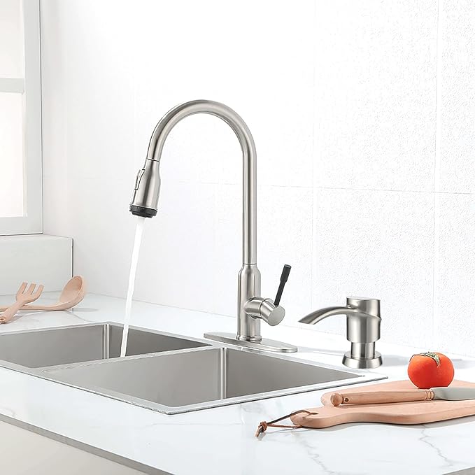 SAMODRA Soap Dispenser for Kitchen Sink, Lotion Dispenser Pump for Kitchen Sink, Brushed Nickel ABS Pump with with 11 OZ Bottle (Brushed Nickel)