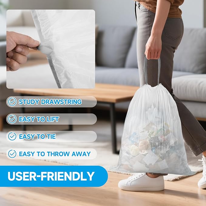 8 Gallon Trash Bags Drawstring- 90 Counts Medium Trash Bag Extra Strong, Medium Garbage Bags 8 Gallon Unscented, Stretchy, Quick Cinch for Office Kitchen, White