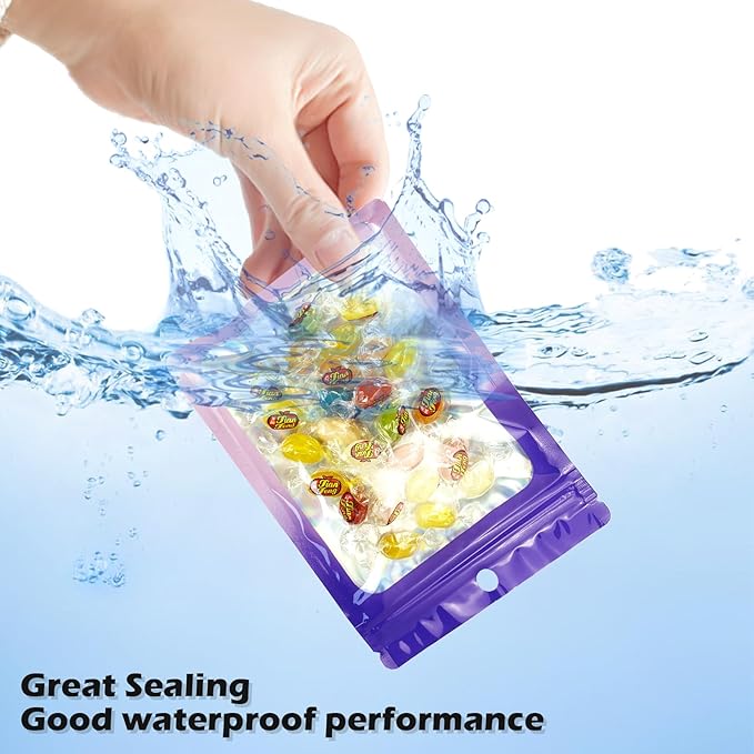 300 Pcs Holographic Mylar Bags, 3 Size Smell Proof Bags with Clear Window Foil Pouch Bags Resealable Bags for Small Business and Food Storage, Purple Pink